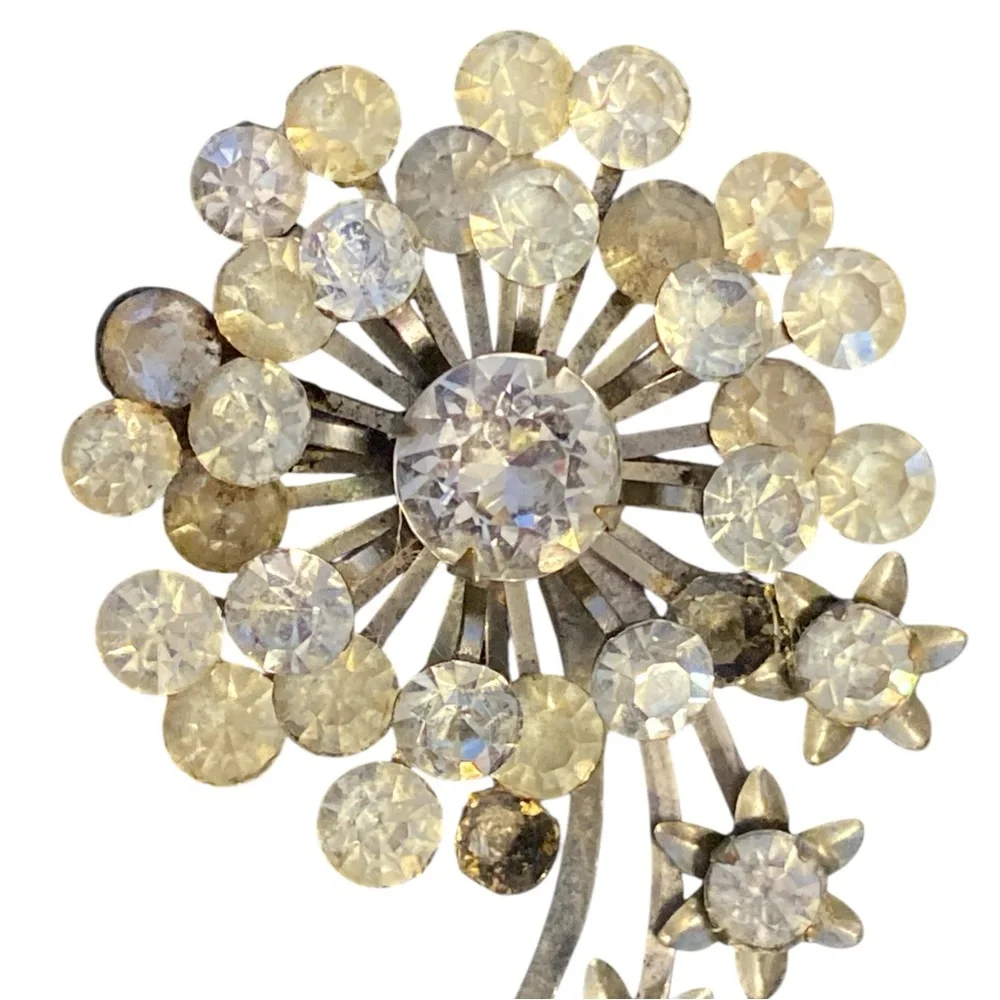 Vintage Rhinestone Floral Starburst Brooch Silver Tone Mid Century Estate